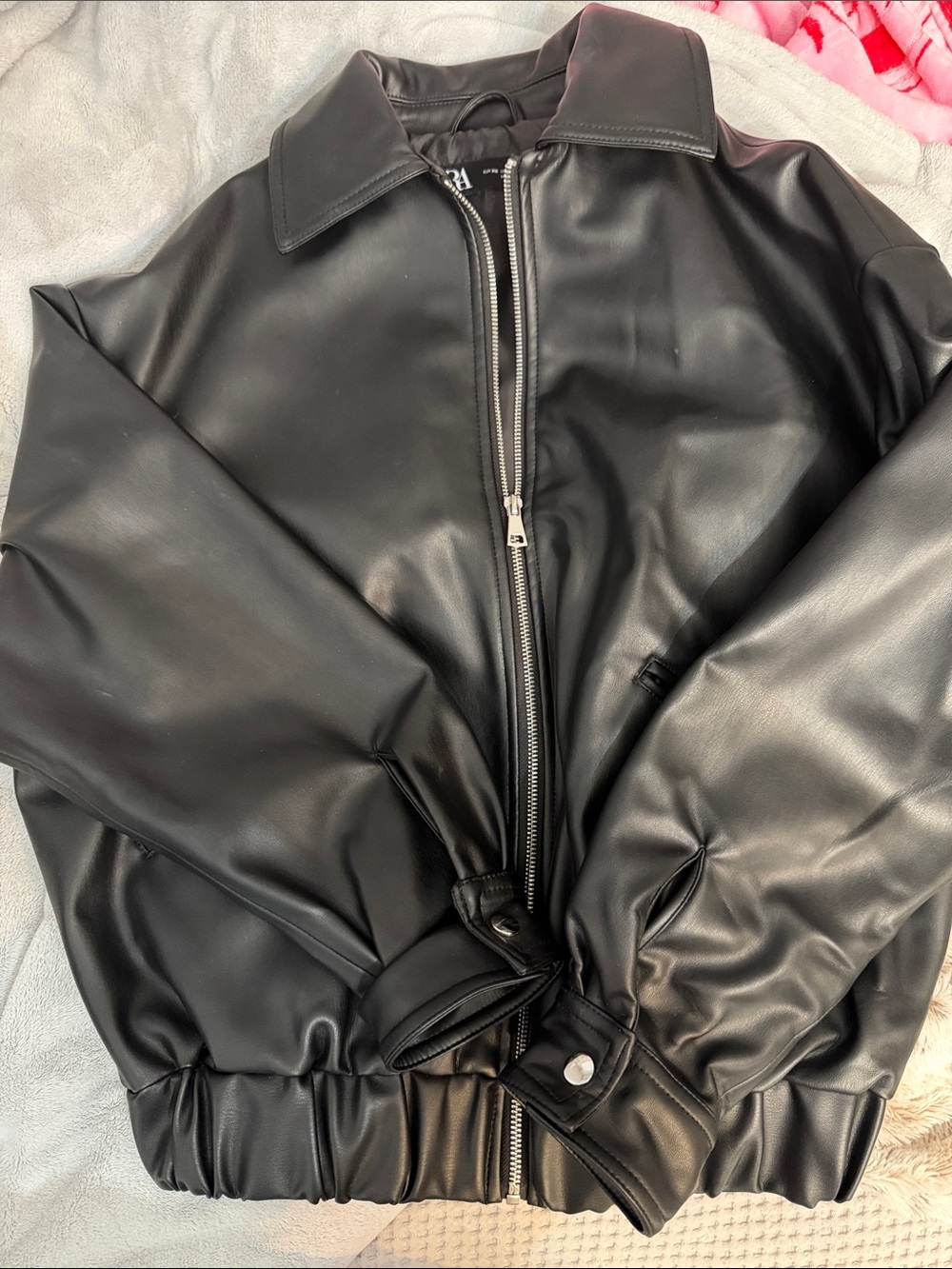 Zara Black Faux Leather Bomber Jacket